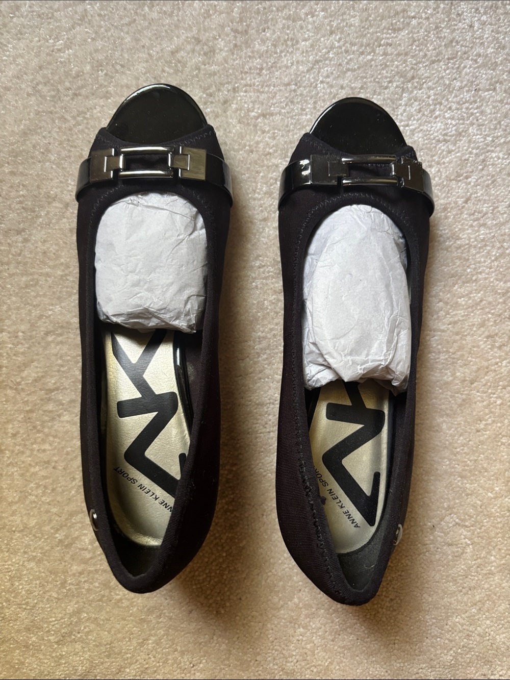 Anne Klein Black Peep-Toe Flats with Silver Buckle
